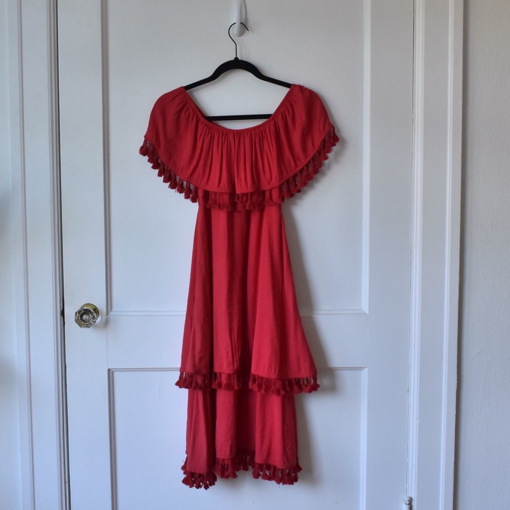 Lulu’s PENSACOLA RED OFF-THE-SHOULDER TASSELED MIDI DRESS